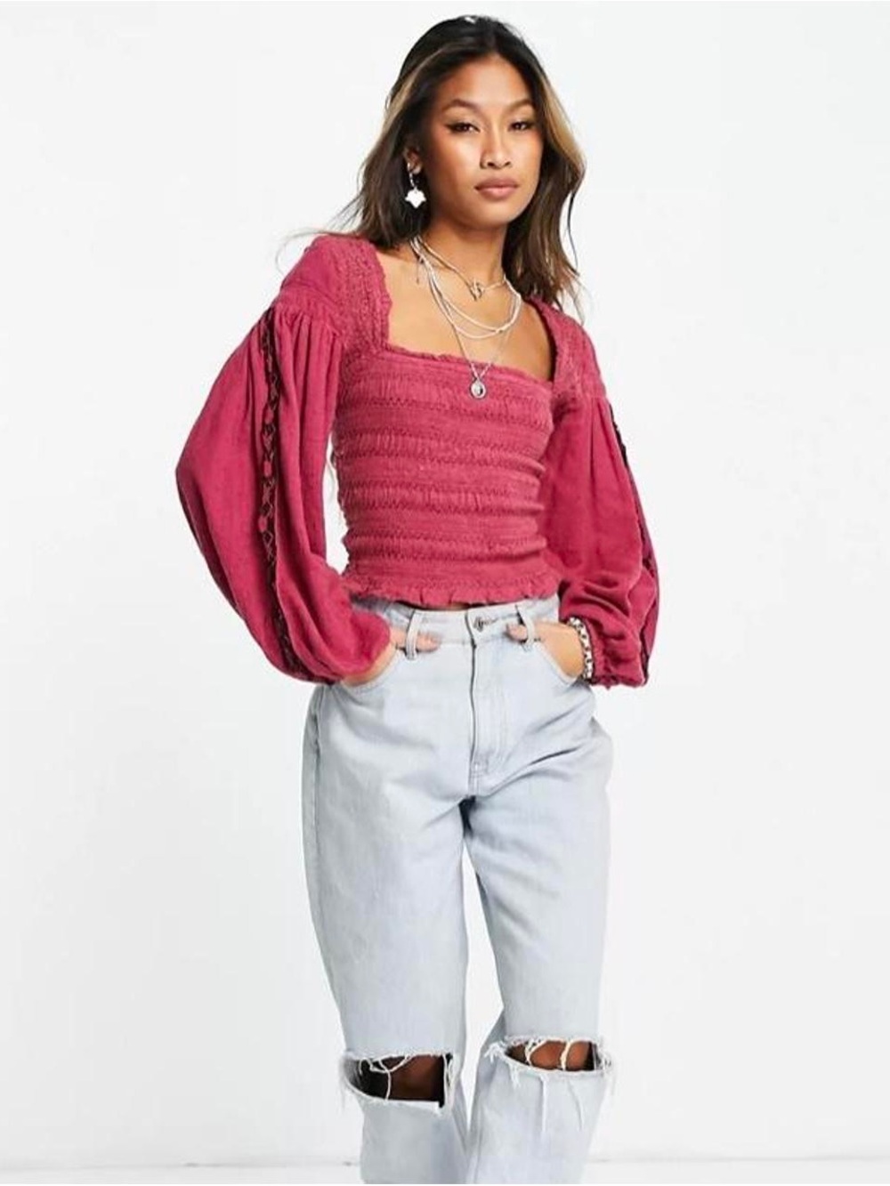 Free People Maggie Embroidered Smocked Square-Neck top. Size medium